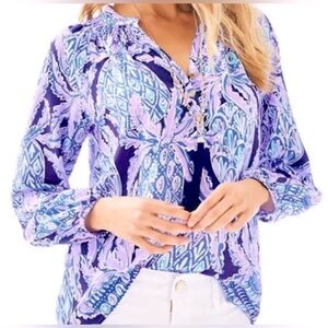 Lilly Pulitzer Elsa Silk Blouse XS Lilac and Navy Style # 41773 Long Sleeve